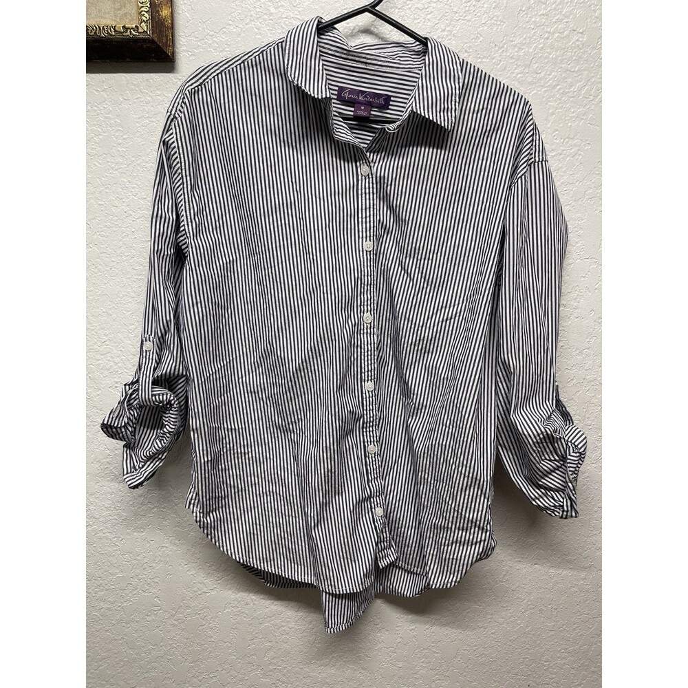 Gloria Vanderbilt Women's M Amanda Button Down Shirt, Navy Stripe, Used